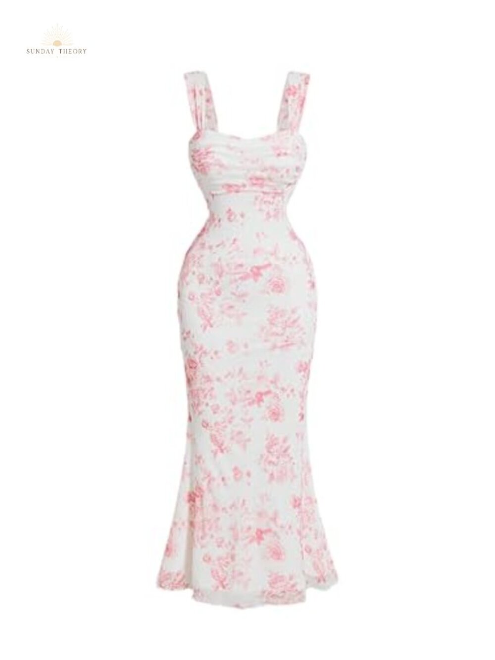 Floral Midi Dress Ruched Bust Mesh Overlay Ruffle Hem Sleeveless